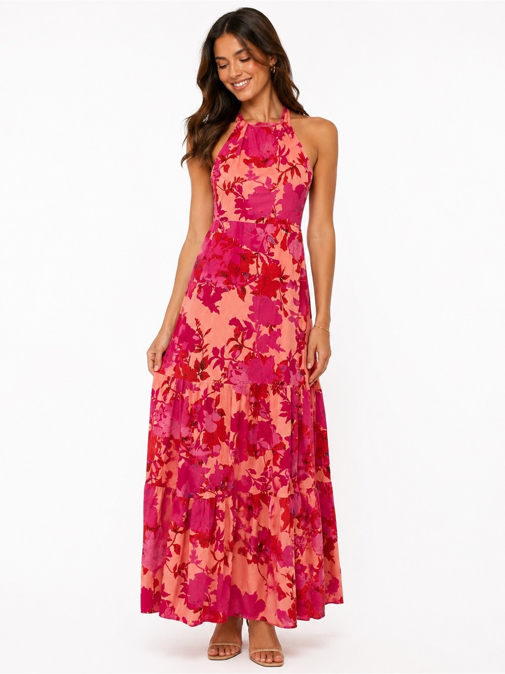 Halter-Neck Floral Midi Dress in Pink and Peach Size 4